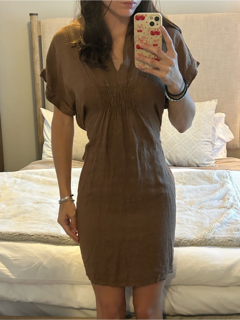 Brown Midi Dress with Smocked Waist